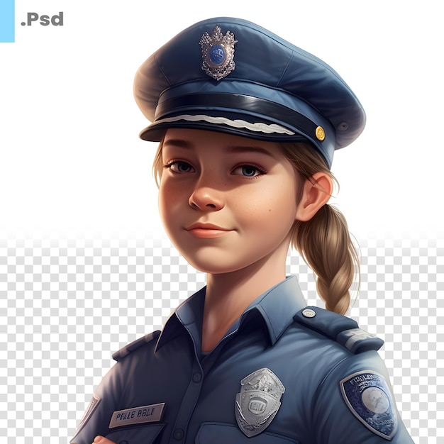 Rendering 3d di una ragazza della polizia con berretto blu isolato su sfondo bianco modello psd