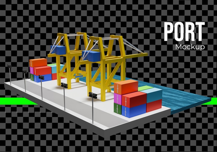 PSD 3d rendering of a port mockup with cranes and containers