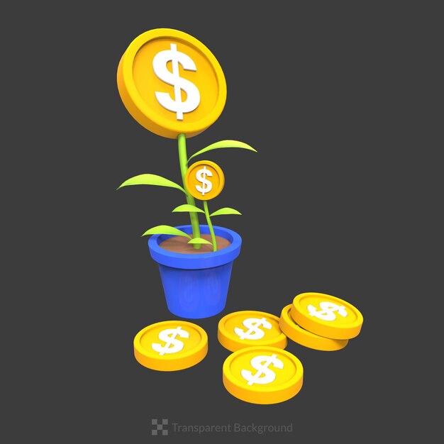 PSD 3d rendering potted plant with golden coins illustration of economic growing business money