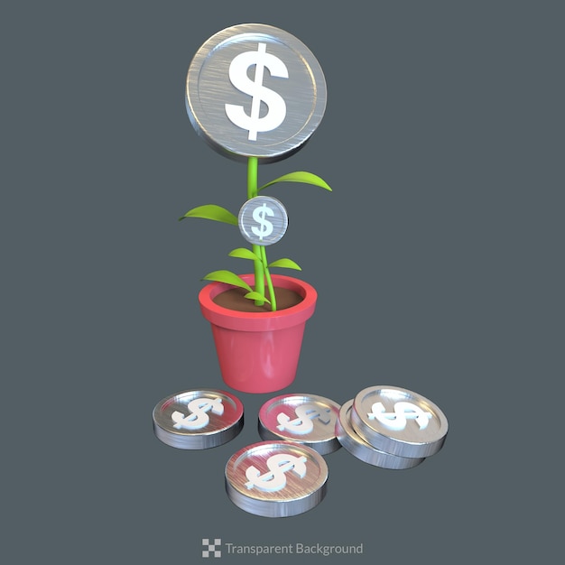 PSD 3d rendering potted plant with golden coins illustration of economic growing business money