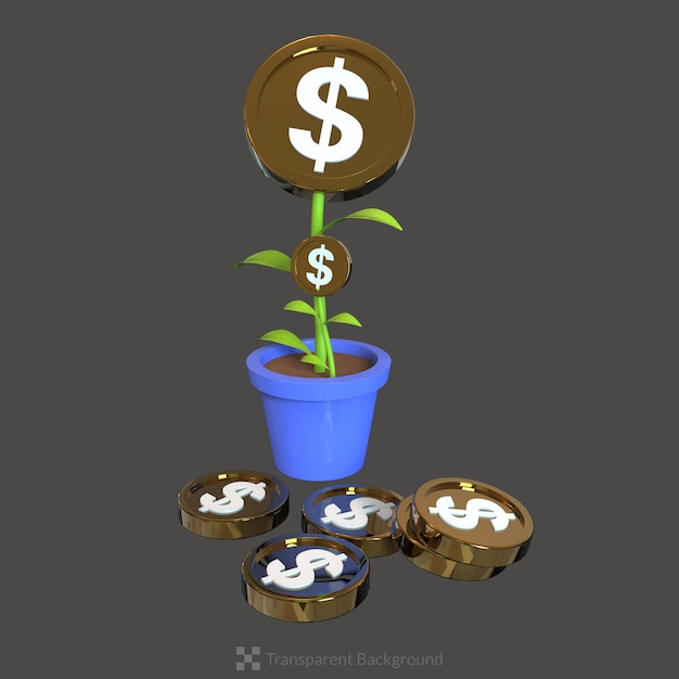 PSD 3d rendering potted plant with golden coins illustration of economic growing business money