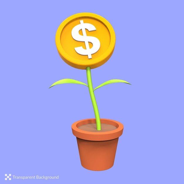 3d rendering potted plant with golden coins illustration of Economic growing business Money
