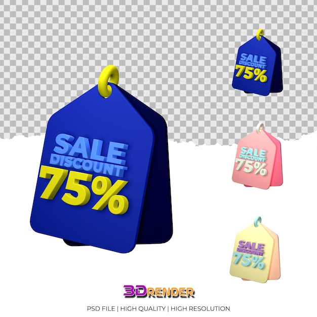 PSD 3d rendering of a price tag with sale discount 75 percent text for sales marketing promotion