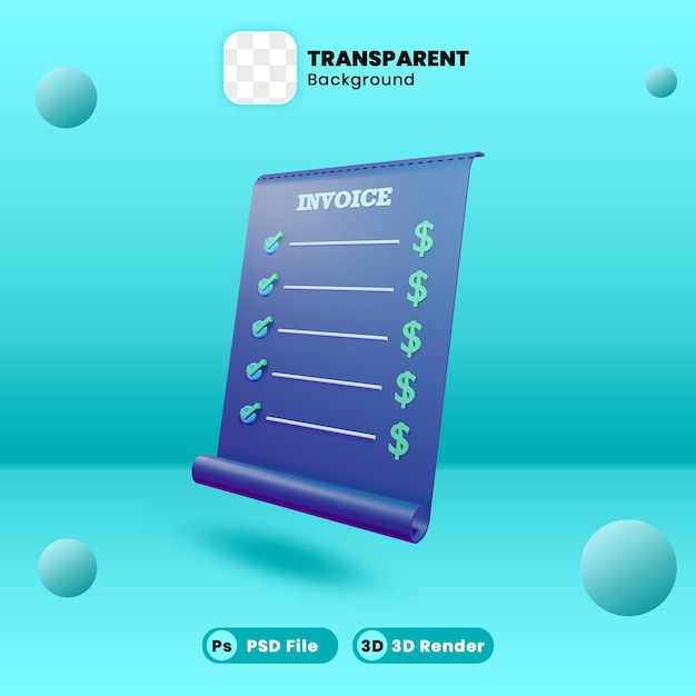 PSD 3d rendering of print invoice with transparent background