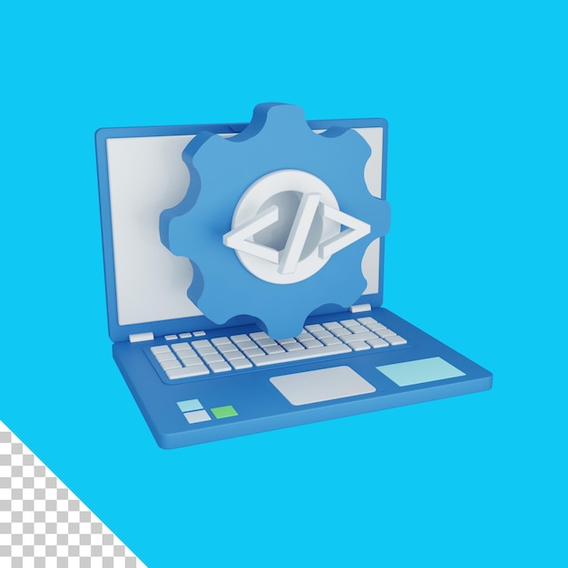 ノートパソコンのコードとカラフルな歯車を使用した3Dレンダリングプログラミングの概念