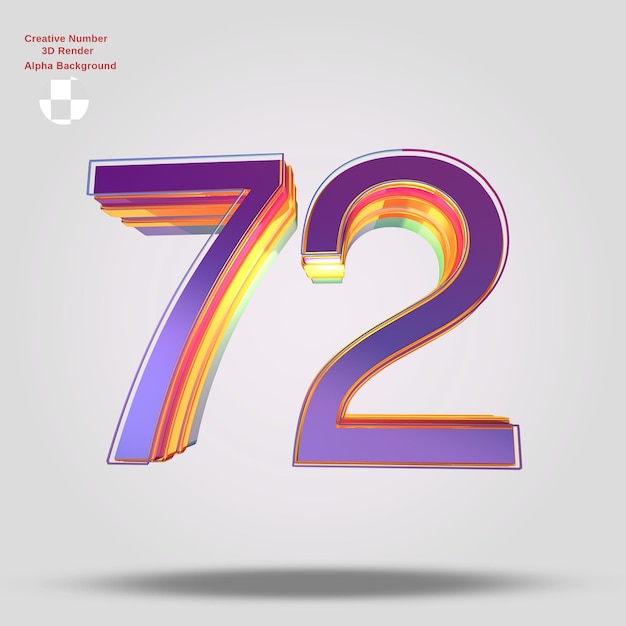 PSD 3d rendering purple number 72 for design