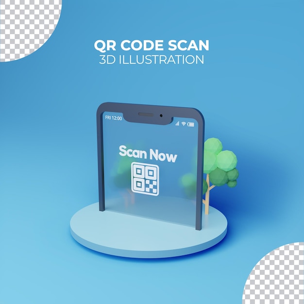 PSD 3d-рендеринг сканирования кода qr с экраном смартфона на подиуме