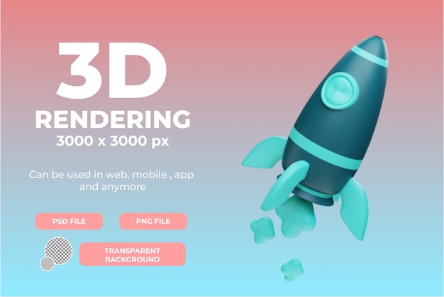 PSD 3d-rendering raket starup illustratie object met transparante achtergrond