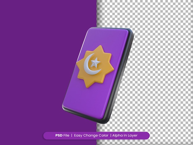 3d rendering ramadan icon smartphone with crescent moon and star