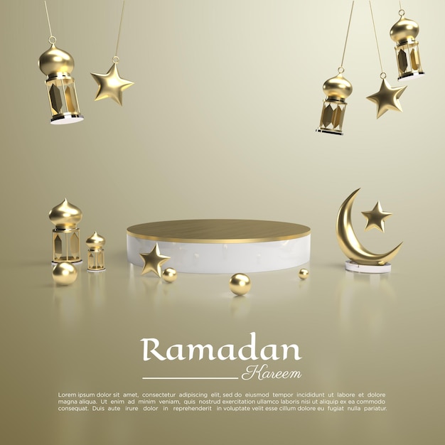 3d rendering of ramadan kareem with podium and lamp for social media