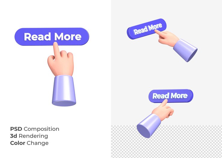 PSD 3d rendering read more cta button with hand concept