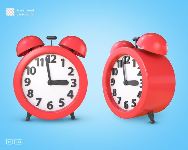3d rendering red alarm clock front and frontside view