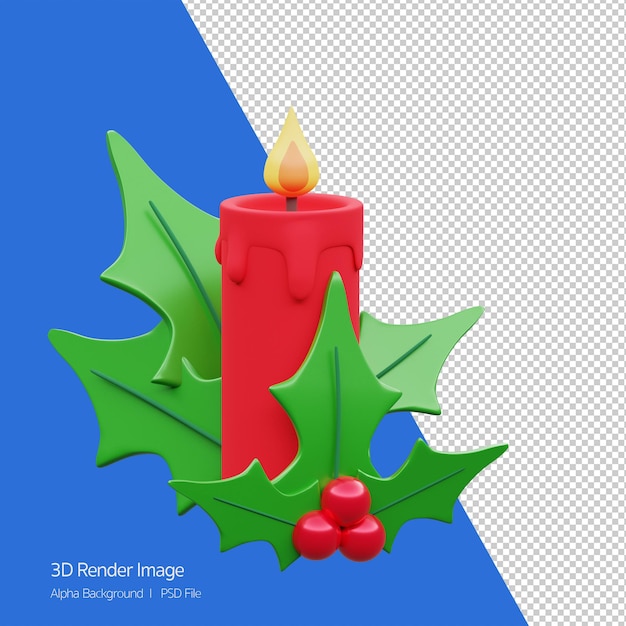 PSD 3d rendering of red candle decoration for christmas holiday isolated on white.