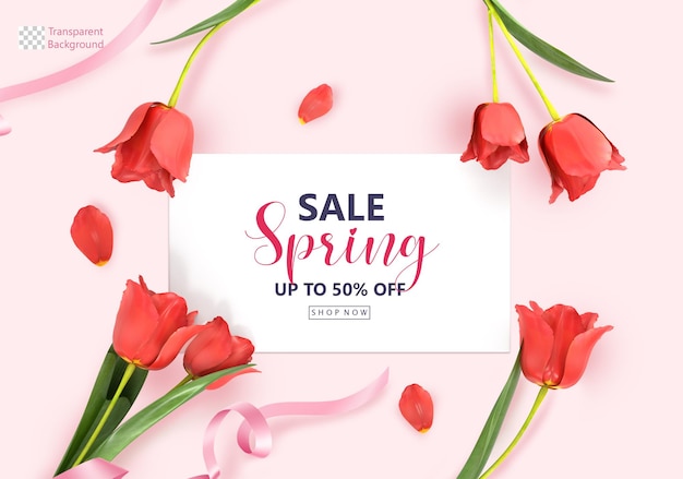 3D Rendering Red Flowers Spring Sale Horizontal Banner