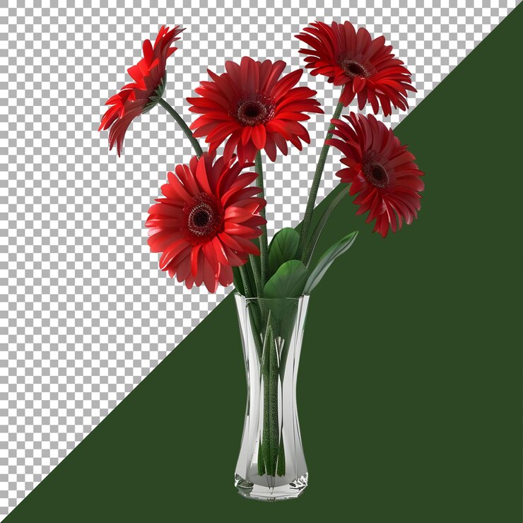 PSD 3d rendering of a red gerbera daisies in a pot on transparent background ai generated