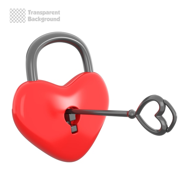 3d rendering red heart lock with key heart shape