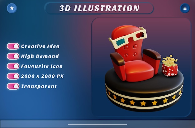 3d rendering cinema con sedile rosso con popcorn e occhiali 3d