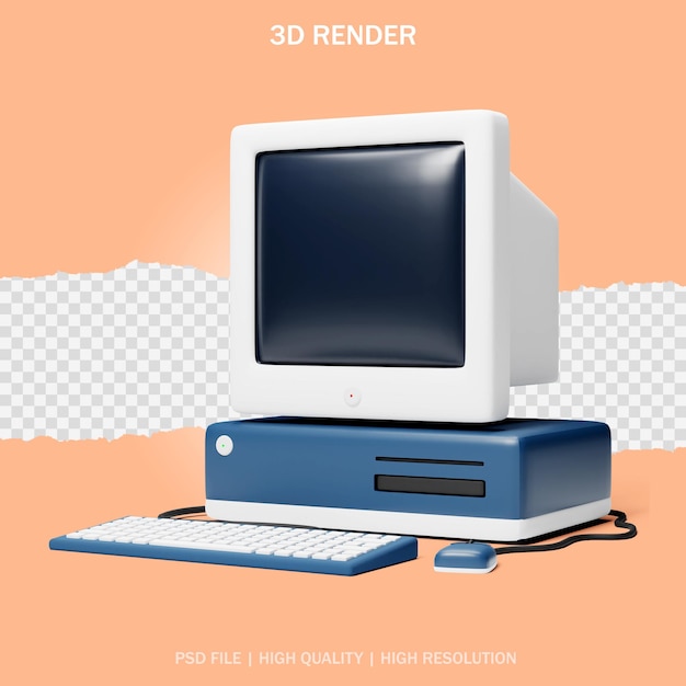 PSD 3d rendering of a retro computer with keyboard and mouse