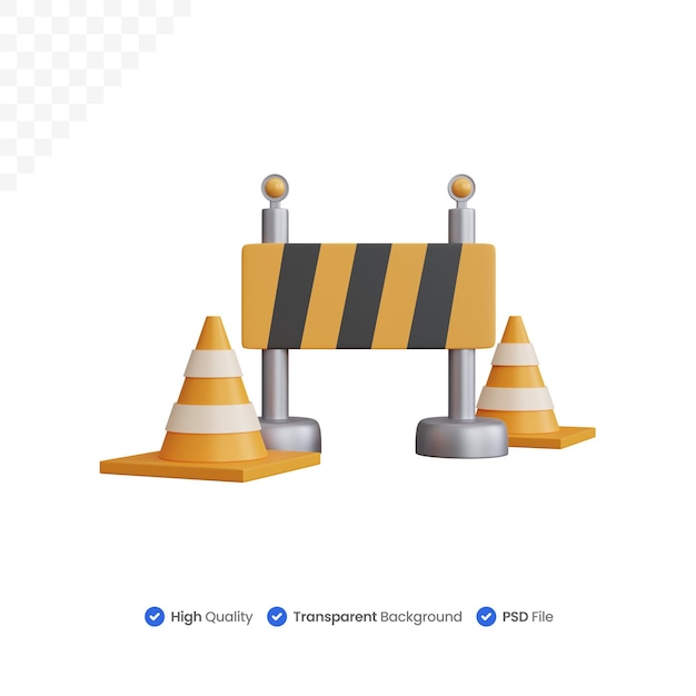 PSD 3d rendering road block with two traffic cone isolated