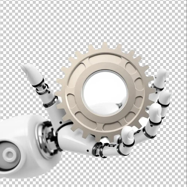 PSD 3d rendering robot hand holding metal 3d mechanical gear isolated on the white background