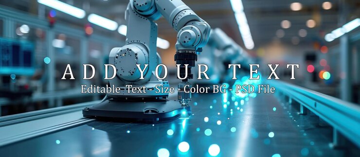 PSD 3d rendering robotic arms working on assembly line in factory smart industry 40 concept