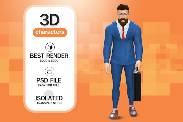 PSD 3dレンダリング白い背景に孤立して歩く悲しいビジネスマン