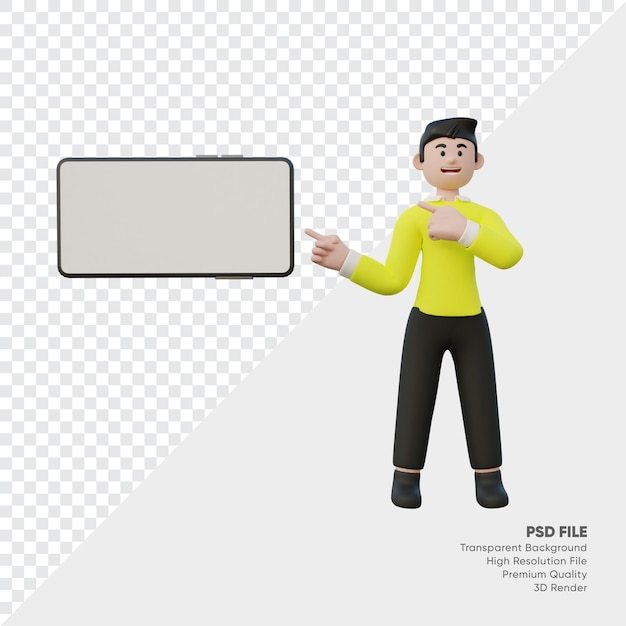 3d rendering of salesman pointed at the blank smartphone