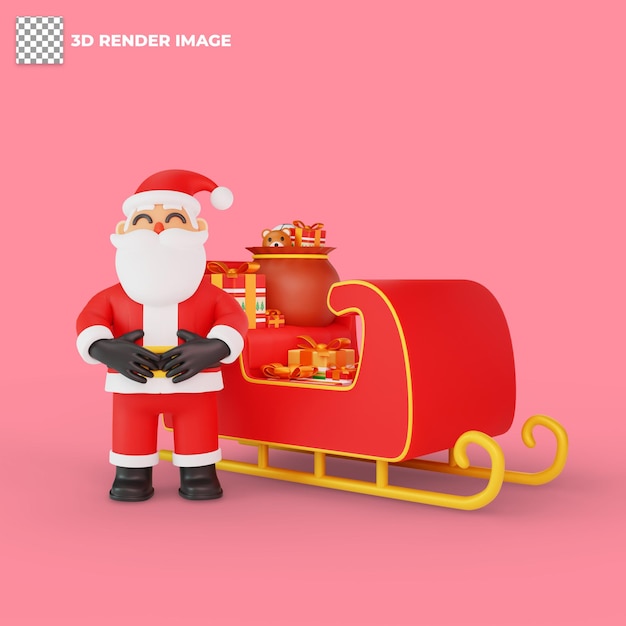 PSD 3d rendering of santa pose in front of a sleigh filled with gifts