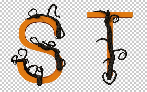 3d rendering of scary branch tree creeping on alphabet s and alphabet t