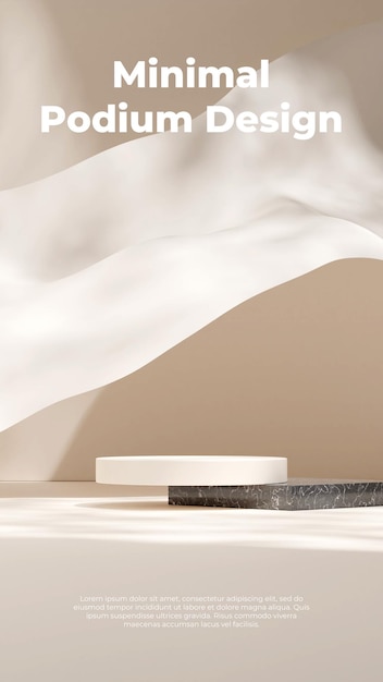 3D rendering scene mockup white and black marble podium in portrait white floating cloth