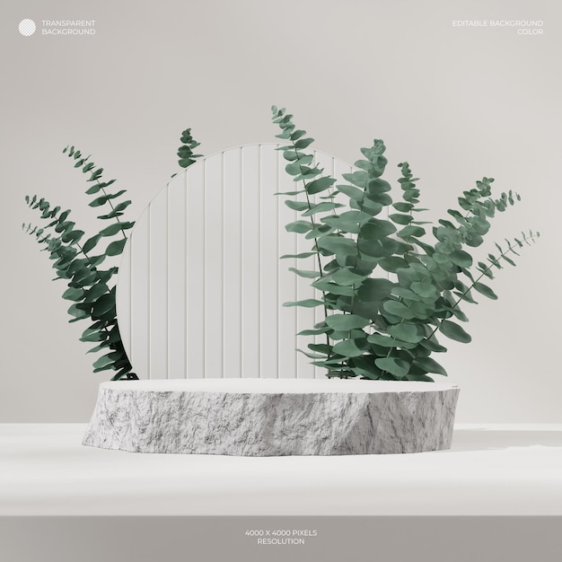 PSD 3d rendering scene template of white rough podium in square with plant leaf transparent background