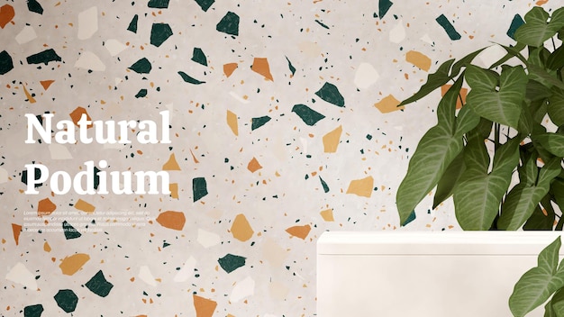 3d rendering sceny makiety boczny stół biały podium w krajobrazie liść rośliny żółty zielony terrazzo ściana