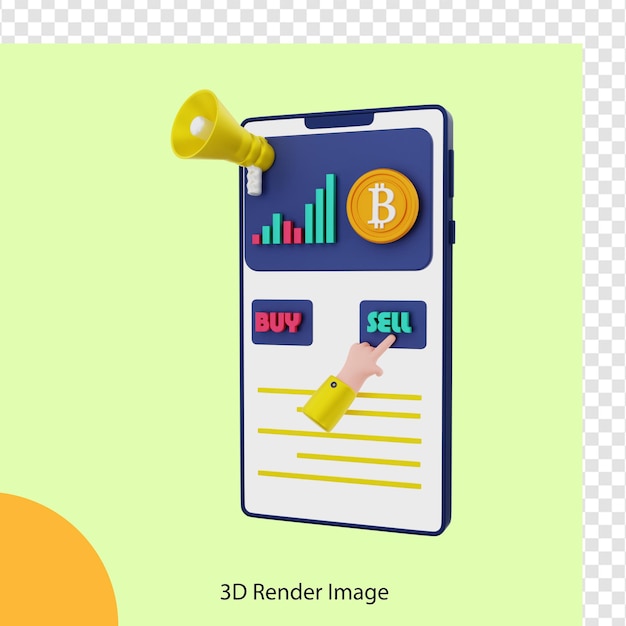 PSD rendering 3d della vendita di monete crittografiche bitcoin con il cellulare