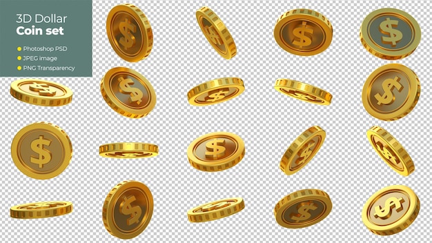 PSD 3d rendering of set of abstract golden us dollar coins concept in different angles dollar sign