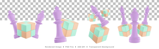 큐브 퍼즐이 있는 체스 조각 아이콘의 3d 렌더링 세트