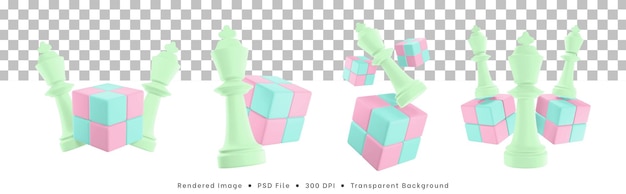 3d rendering set of chess pieces icon with cube puzzle