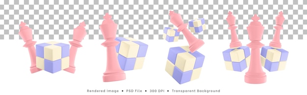 Set di rendering 3d di icone di pezzi degli scacchi con puzzle cubo