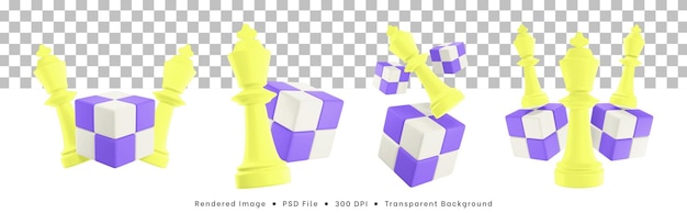 큐브 퍼즐이 있는 체스 조각 아이콘의 3d 렌더링 세트