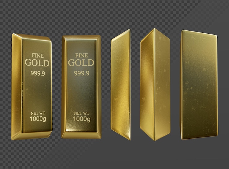 PSD 3d rendering set of pure fine gold clean and shiny perspective view