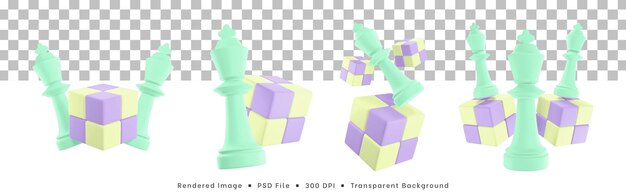 3d-rendering set schaakstukken icoon met kubus puzzel