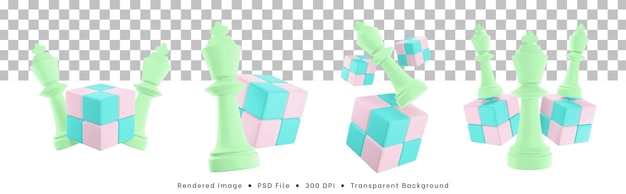 3d-rendering set schaakstukken icoon met kubus puzzel