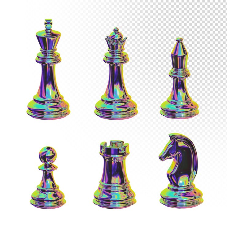 3D-rendering set van chroom iridescente schaakstukken