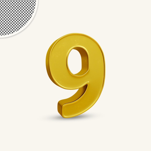 PSD 3d rendering of shinny gold number 9