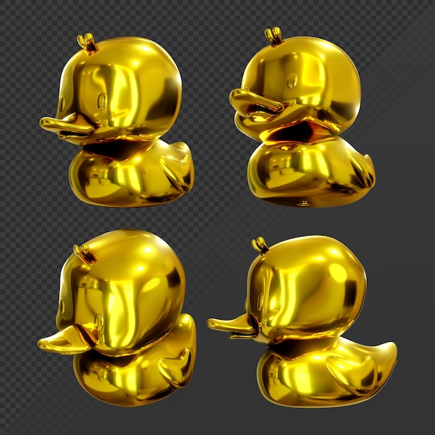 PSD 3d rendering of shiny metallic gold bath rubber duck ducling from various perspective view angle