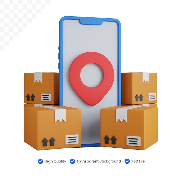 3d rendering shipping box with handphone and pointer map isolated