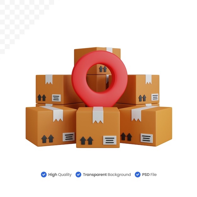 3d rendering shipping box with pinpoint map isolated