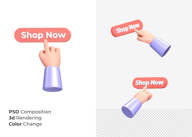 PSD 3d rendering shop now cta button with hand concept