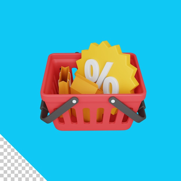 PSD 3d rendering shopping basket with discount isolated useful for ecommerce or business online design