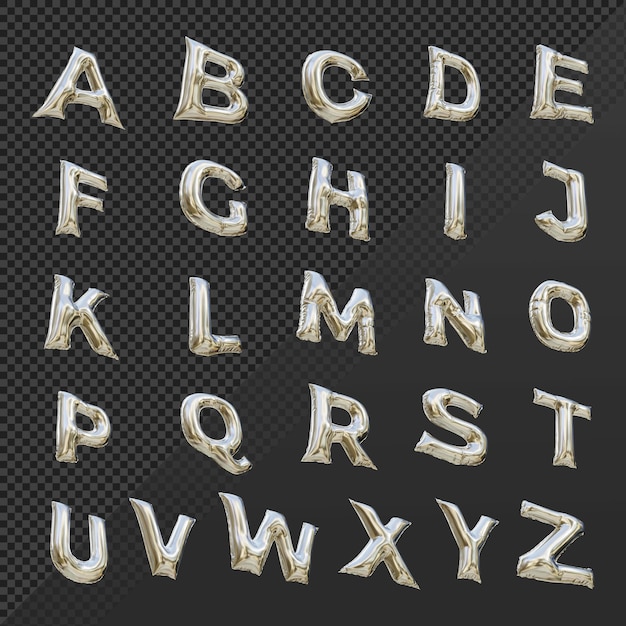 PSD 3d rendering silver alphabets balloon letter from a bottom left low angle perspective view