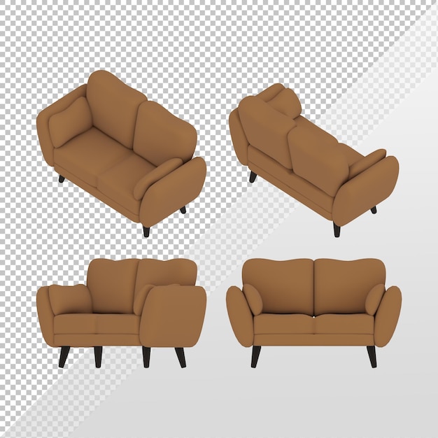 3d rendering of a simple brown sofa from various sides of the orthographic top view